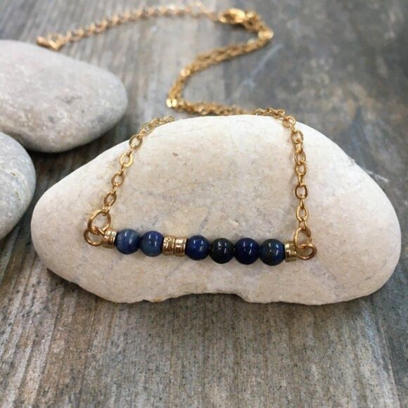 Blue Lapis Stone Bar Necklace on Gold Chain | Adjustable Length NEW - Picture 6 of 7